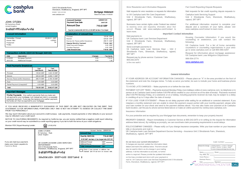 Download United Kingdom Cashplus bank mortgage statement in Word and PDF formats Photoshop template